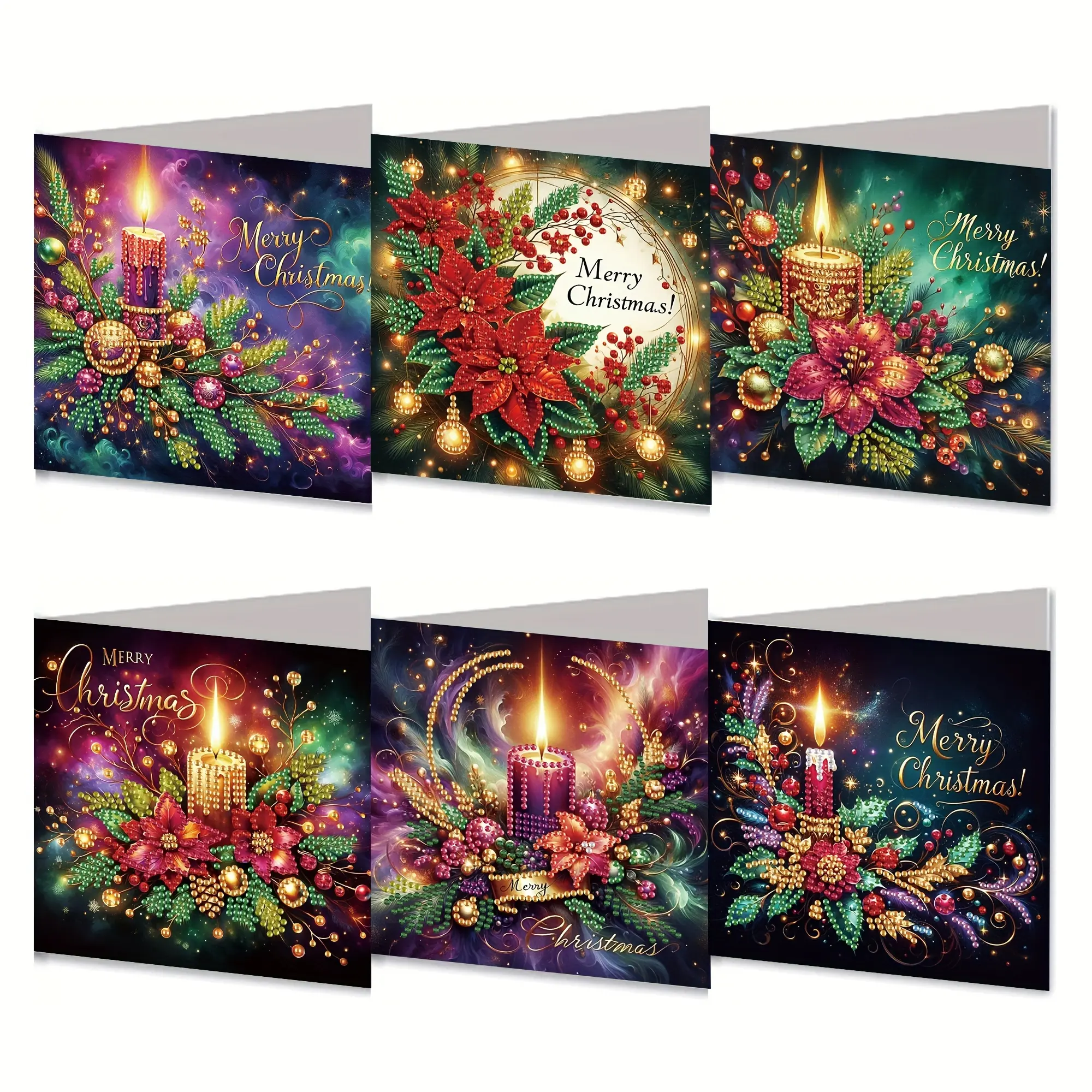 6 Pieces of Christmas Themed Design Diamond Painting Greeting Cards Assortment Set, Unique Rhinestone Art Embellishment Mosaic