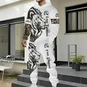 Men's Lion Print Sports Set: White Hoodie, Black Tiger Pattern, Kamo Sleeve Design, Street Costume Urban Fashion Set Men's Set, Upper
