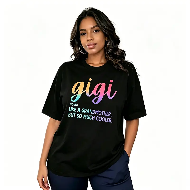 Women's Cute Gigi Alphabet Printed Streetwear T-Shirt - Baggy Cotton Blend Shortsleeve Crew Neck Top for Casual Wear, Round Neck, Lady, Oversize, Thanksgiving, Valentines Day, Athletic, Flat, Colorful Style