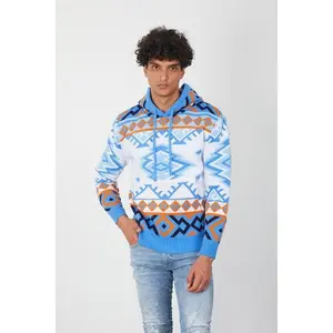 Men’s Aztec Print Knit Hoodie – Bold Blue & Orange Streetwear Pullover