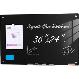 VEVOR Magnetic Glass Whiteboard, Dry Erase Board 36"x24", Wall-Mounted Large White Glassboard Frameless, with Marker Tray, an Eraser and 2 Markers, Black