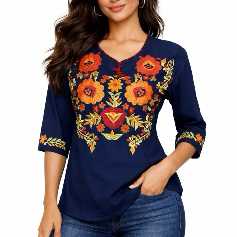 Adri Blouse 3/4 Sleeve Embroidered Mexican Blouse 100% Cotton