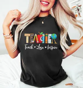 Teach T Shirt for Women Teacher Graphic Tees Tops Teach Inspire Letter Print Shirts Tops