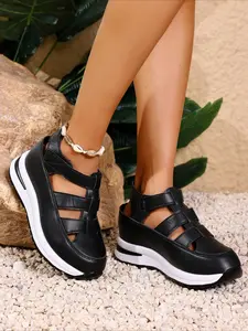 Women's Platform Hollow Out Roman Sandals, Summer Velcro Wedge Shoes, Height Increasing Sporty Closed Toe Sandals, Casual Sandals