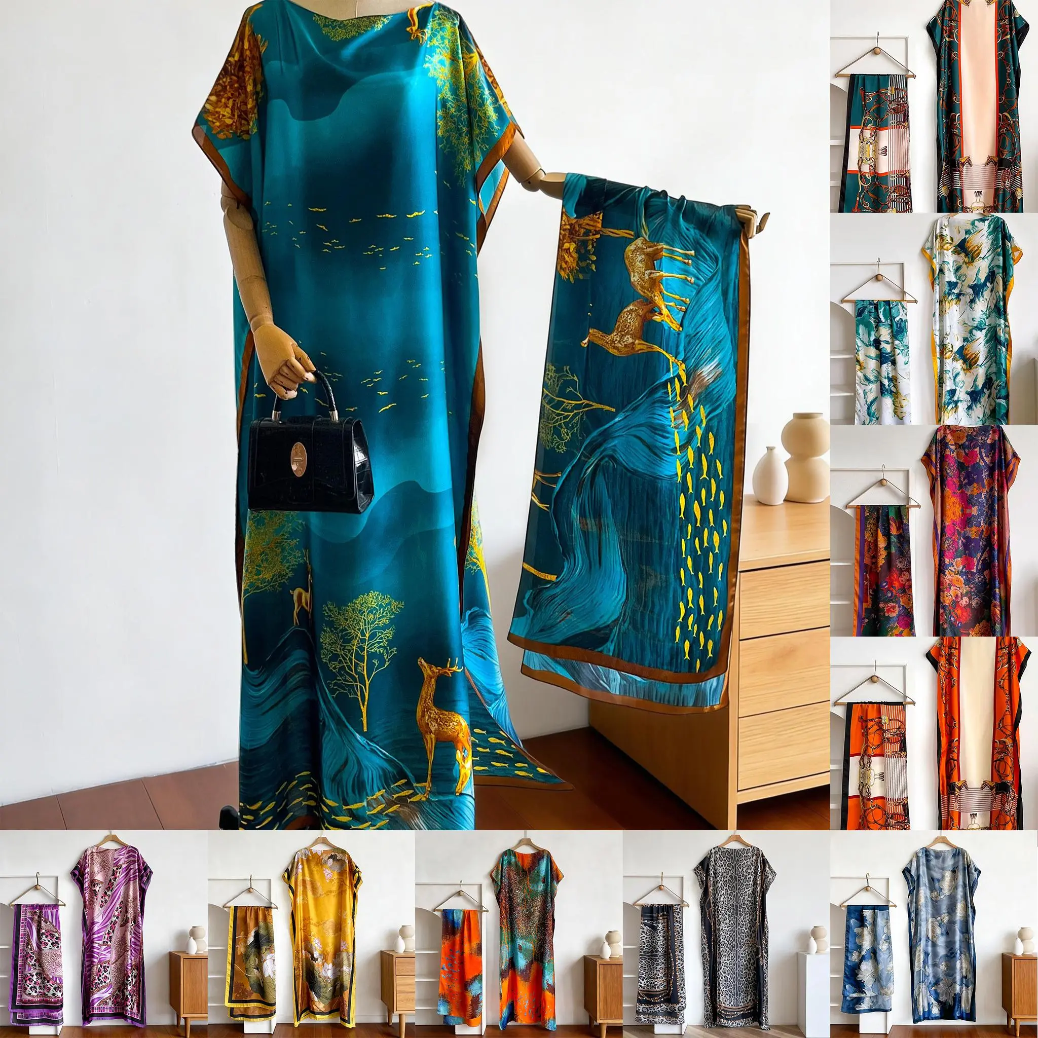 Vintage Printed Loose Kaftan Maxi Dress Set Women Lightweight Beach Cover Up With Matching Scarf