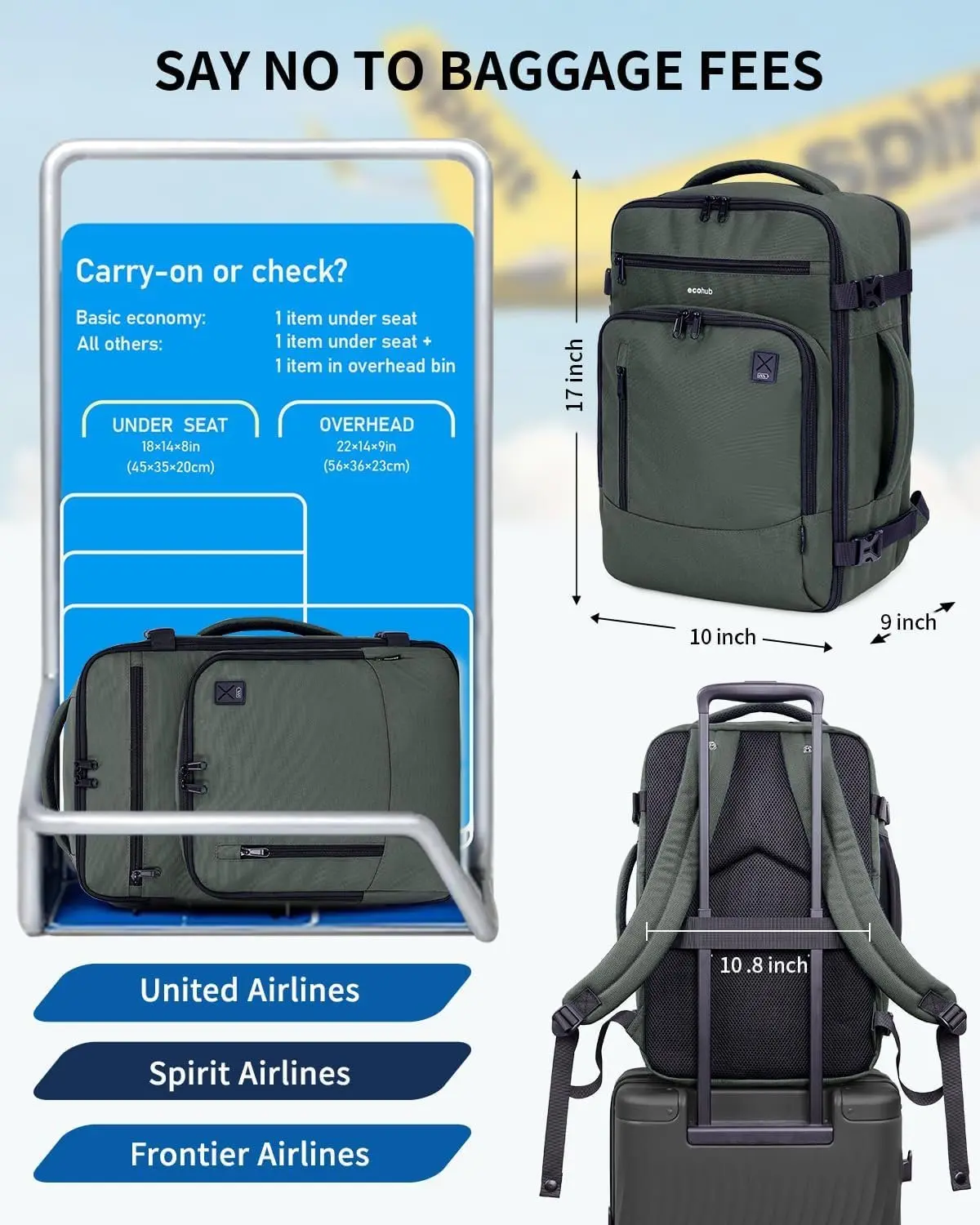 17" Small Travel Backpack, United Airlines Personal Item Bag 17x10x9 with  16 Pockets, Water Resistant Rucksacks Fit 15.6" Laptop, AirTag Pocket,  Lightweight Casual Daypack, 25L, Green - TikTok Shop