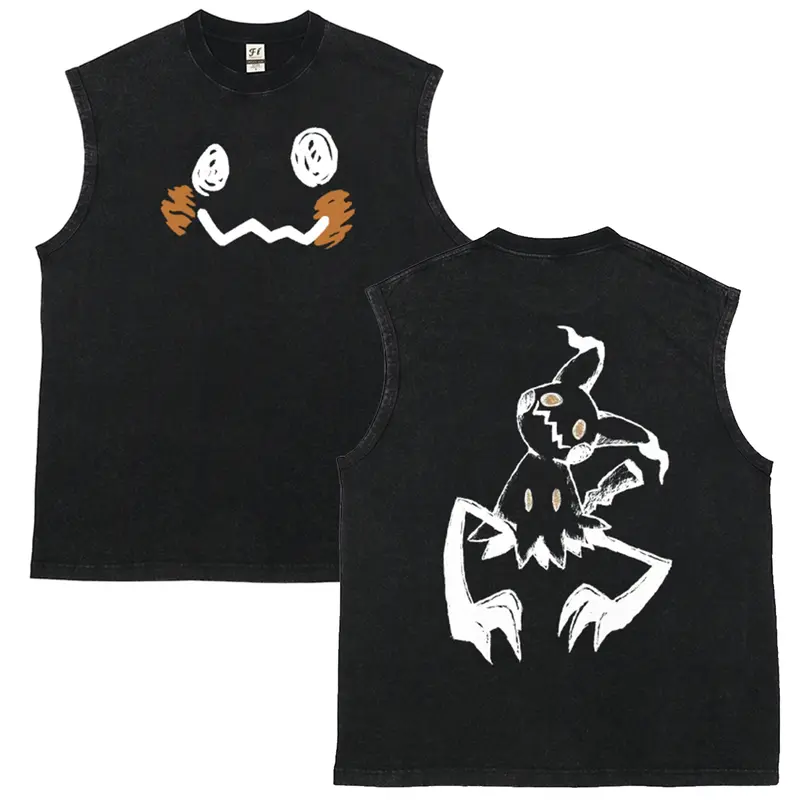 Men's Retro Cargo Graphic Tank Top, Cartoon Pocket Monster Character Double-Sided Print Washed Fabric Menswear Vest