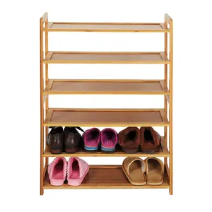Bamboo Shoe Rack for Closet, 6 Tier Wooden Stackable Shoe Organizer, Free Standing Shoes Storage Shelf for Entryway, Front Door Entrance, Natural
