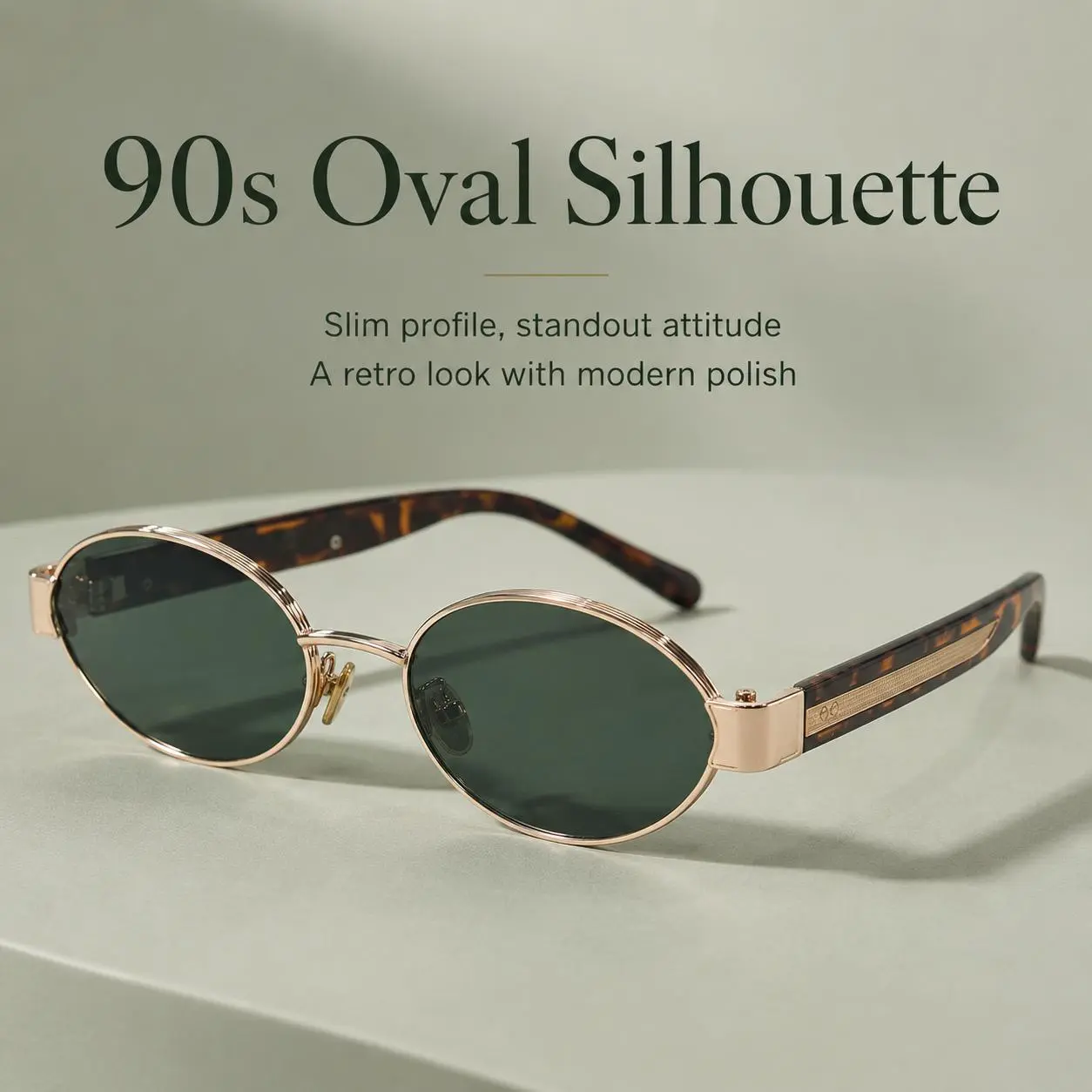 Retro 90s Oval Sunglasses for Women & Men, UV400 Protection, Slim Metal Frame, Green Tinted Lenses, Lightweight Fashion Eyewear for Travel and Daily Wear