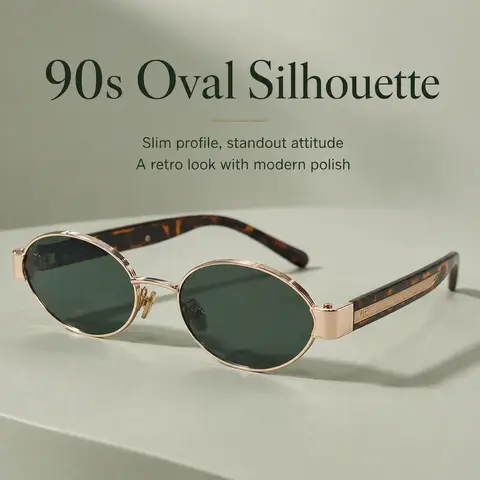 Unisex Adults' 90s Retro Classic Oval UV400 Sunglasses - Sleek Slim Metal Full Rim, Ultra-Light Frame, UV-Protection Green Tinted PC Lenses, Amber/Gray Options, Low-Profile, Durable, Acetic Acid-Free, Ideal for Daily Everyday Use