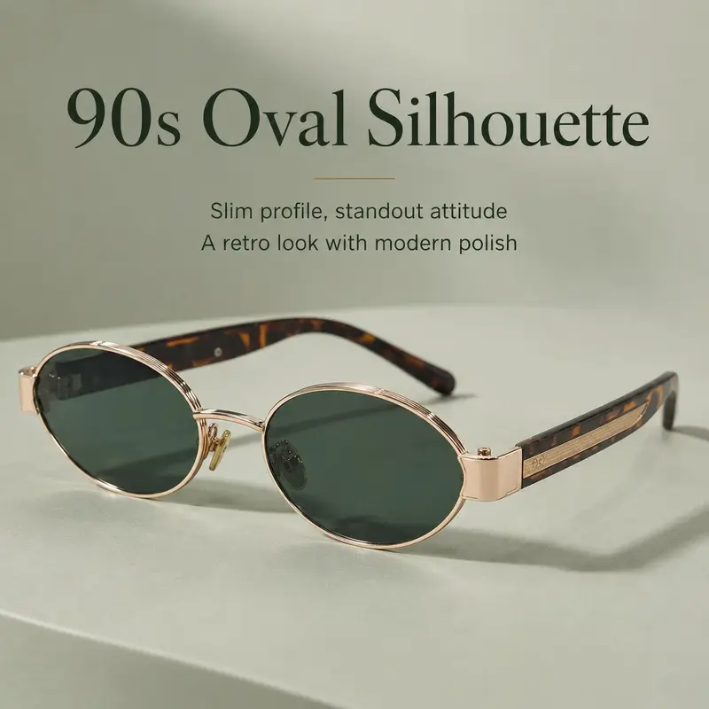 Unisex Adults' 90s Retro Classic Oval UV400 Sunglasses - Sleek Slim Metal Full Rim, Ultra-Light Frame, UV-Protection Green Tinted PC Lenses, Amber/Gray Options, Low-Profile, Durable, Acetic Acid-Free, Ideal for Daily Everyday Use