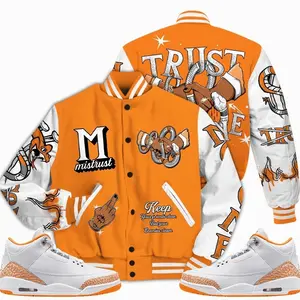 3 White Orange Peel Varsity Jacket, Orange Citrus 3s Outfit Trust No One Graphic Tees Streetwear Sneaker Color Match Shirts