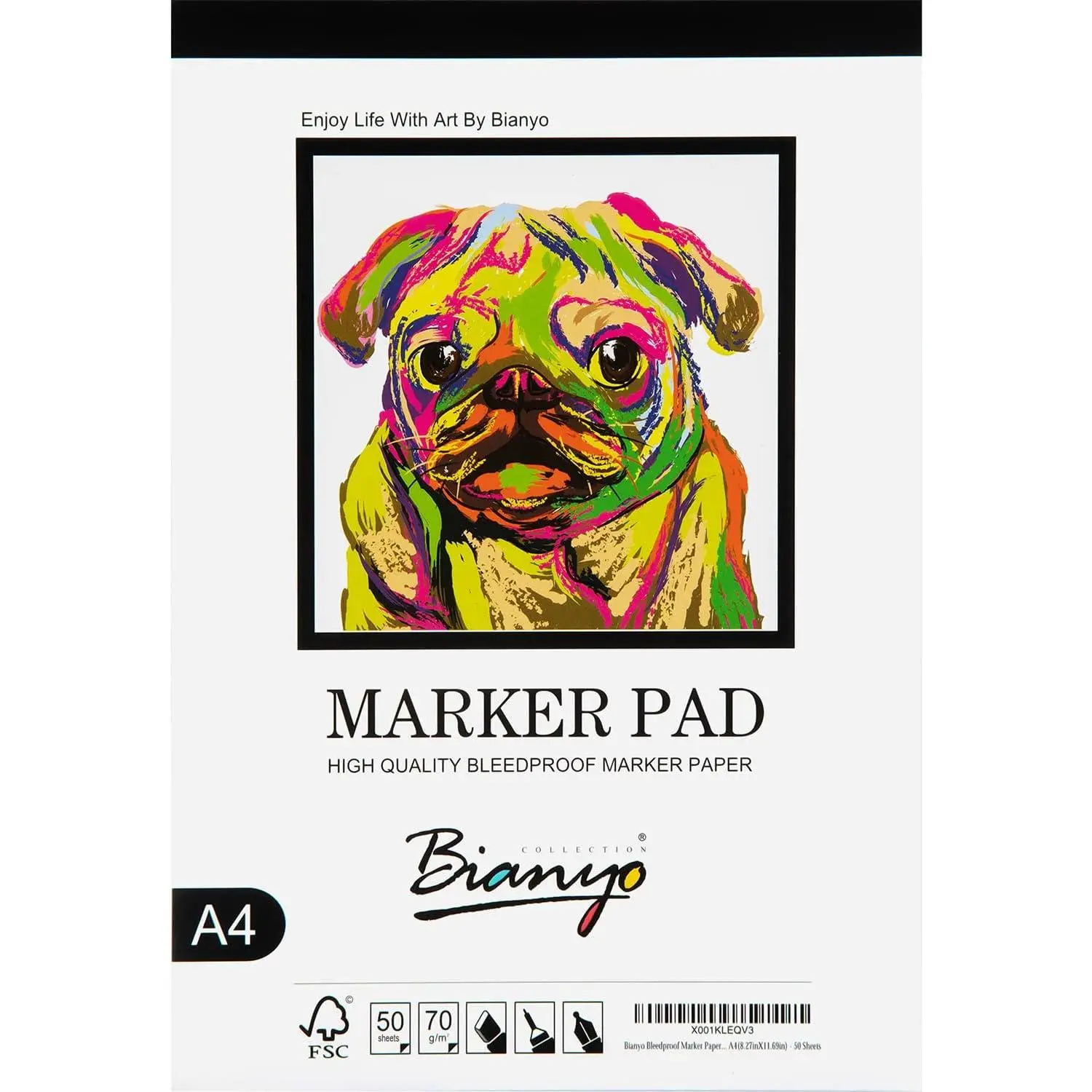 Bleedproof Marker Paper Pad, A4(8.27"X11.69"), 50 Sheets, 18 LB / 70 GSM, Glue-Bound,  Cotton, White, Ideal for Use with Markers and Ink Mediums