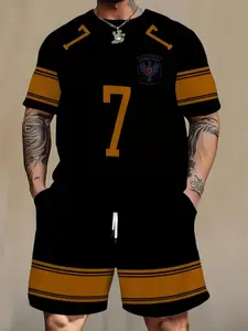 Men's Large Size Drawstring Sportswear Set, Modern Style, Breathable Fabric, Loose Fit, Short Sleeve Two-Piece, Casual Wear, Tracksuit Set