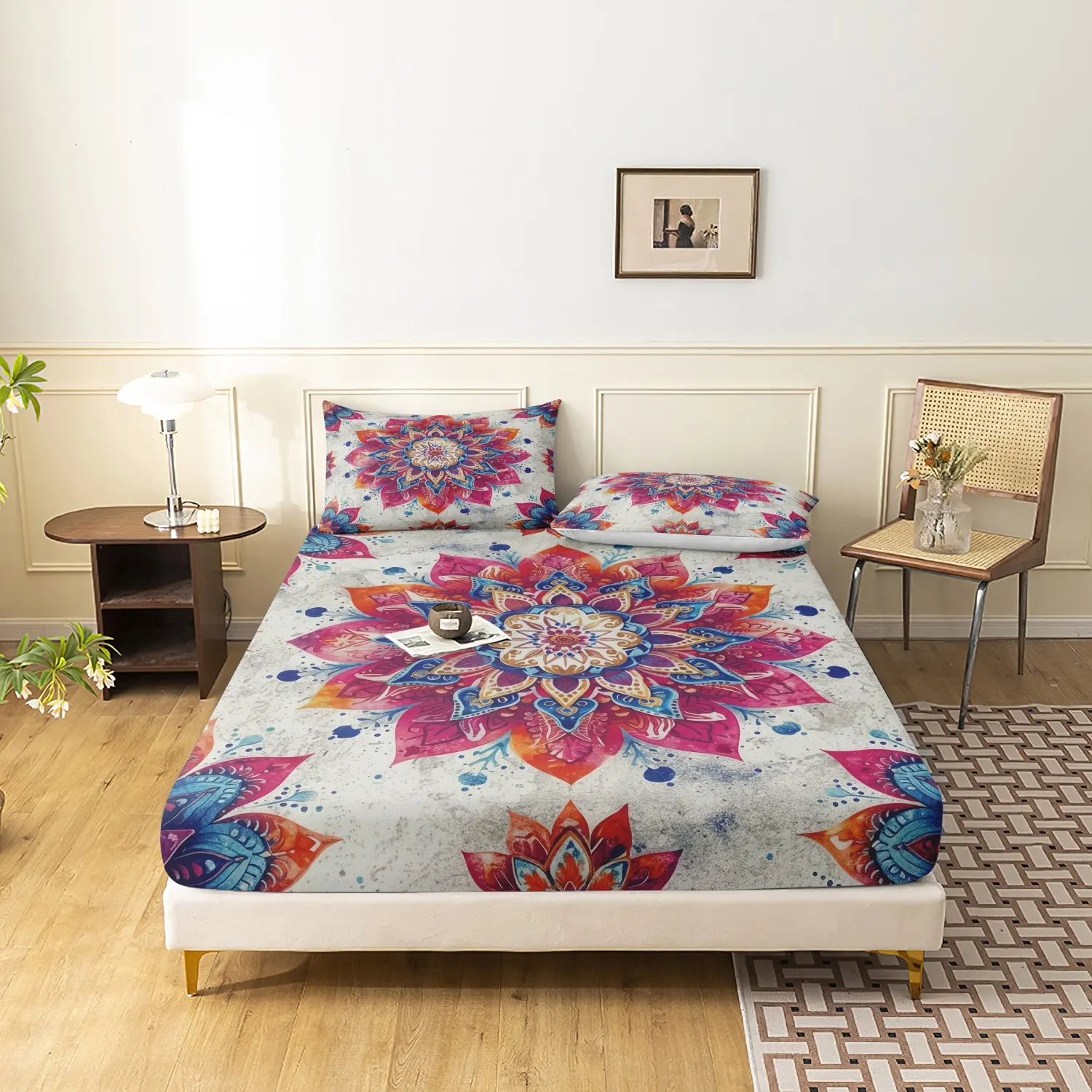 3pcs Colorful Bohemian Mandala Fitted Sheet Set, Boho Sheets, Boho Floral Bedding Set (1 Fitted Sheet + 2 Pillowcases, No Pillow), HD Print, Soft Comfy Bedding for Home and Dorm Use