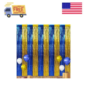 3 Pack 3.3Ft x 6.6Ft Graduation Foil Fringe Curtain Backdrop Decorations, Blue Gold