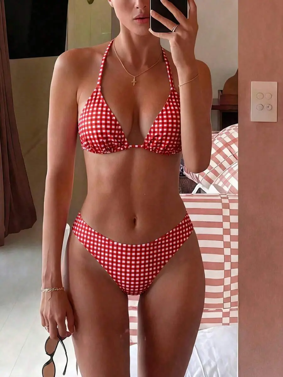 Spring/Summer Plaid Halter Tie Bikini Two Pieces Swimwear Gingham Set For Women Red White,70s Retro,Holiday,Party,Holiday Vacation Outfits