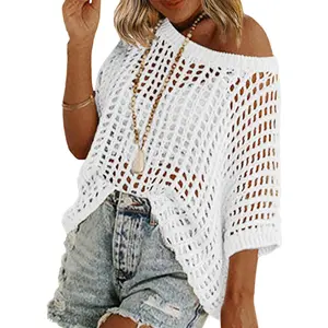 Short Sleeve Crochet Sweater Lightweight Summer Tops Loose Hollow Out Crewneck Pullover