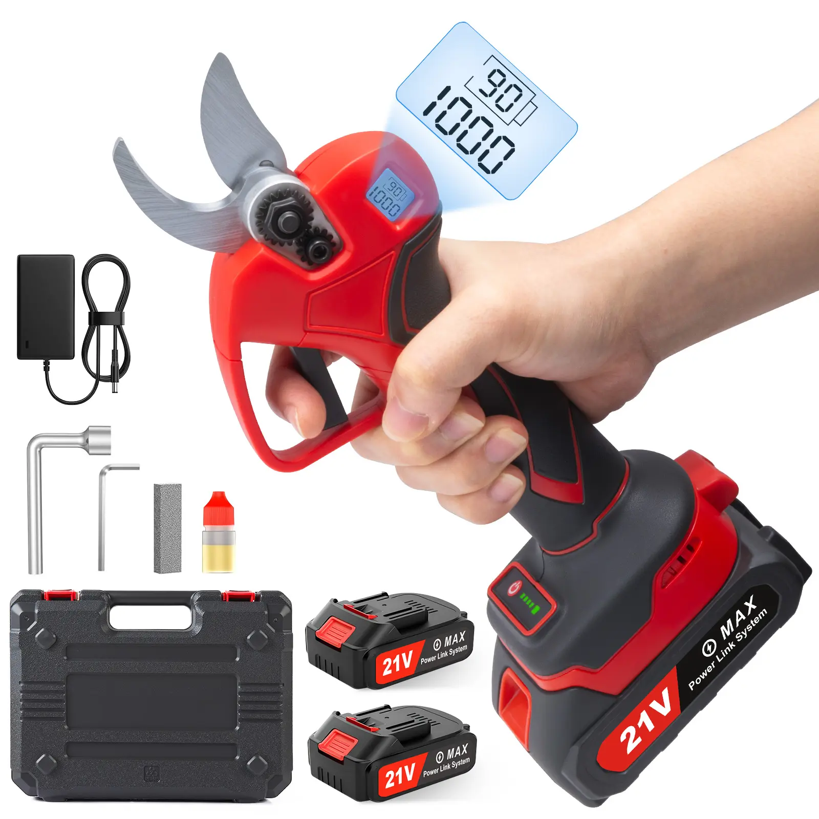 2026 Upgraded 21V Cordless Professional Electric Pruning Shears with Digital Display, 46mm (1.8 Inch) Max Cutting Diameter, Blade Sharpener, Full Tool Kit in Plastic Case – Heavy Duty Garden Tree Branch Cutter