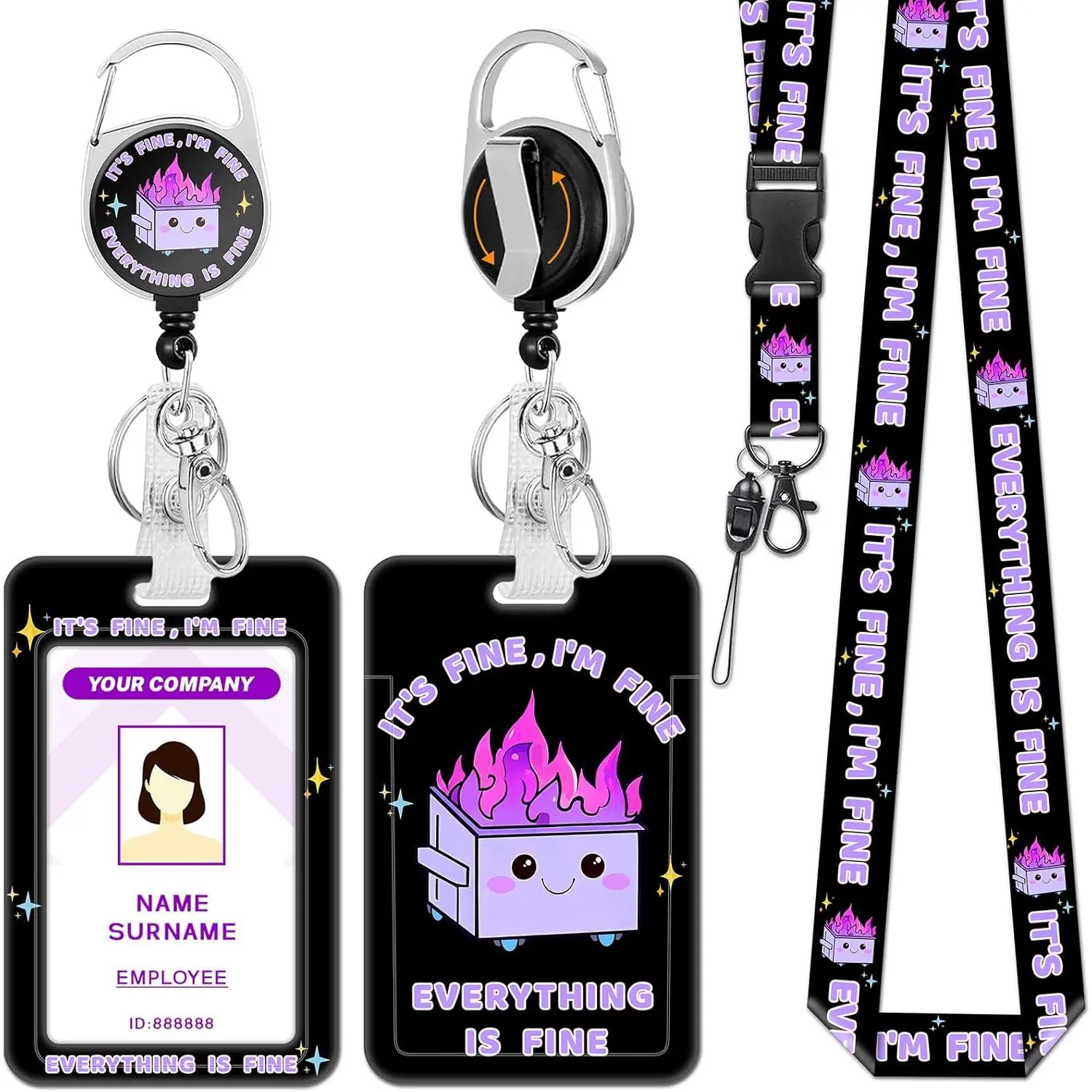 BY-347 Retractable ID Badge Holder Lanyard with Funny Dumpster on Fire Fun Print, 19.29in Polyester Lanyard, Card Protector Cover, 360° Rotating Carabiner Clip, Vertical Slot - For Adults - Ideal for Thanksgiving