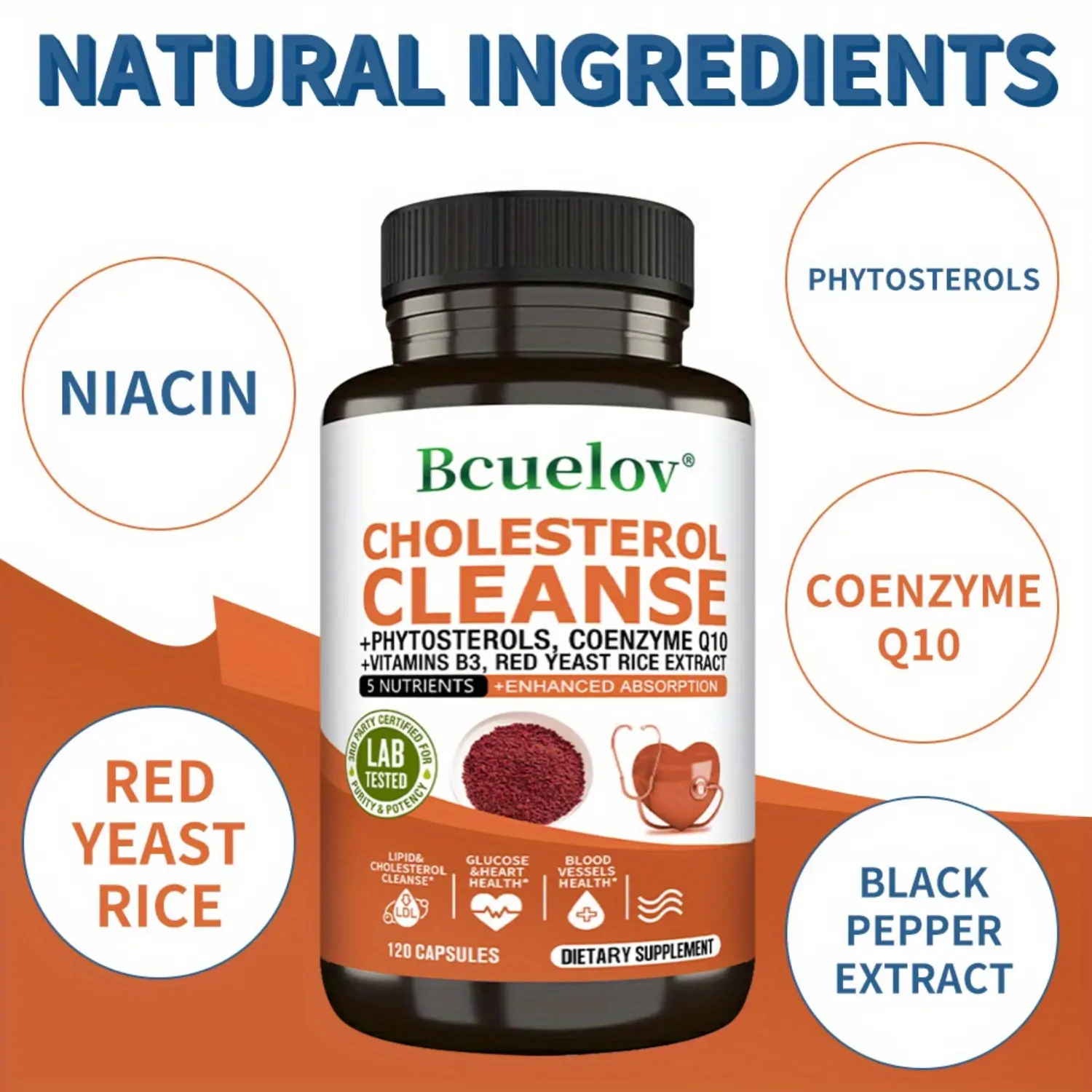 Cholesterol Support Supplement With Red Yeast Rice CoQ10 Phytosterols Heart Support 120 Capsules