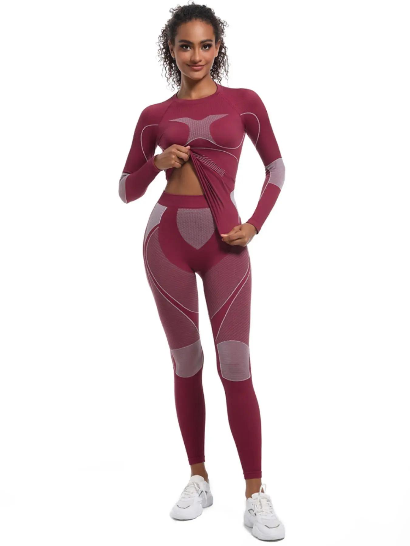 Women's Colorblock Ski Baselayer Suit, Sporty Quick Drying Compression Long Sleeve Top & High Waist Leggings, Ladies Sportswear for Skiing Gym Workout Outdoor, Tight Sports