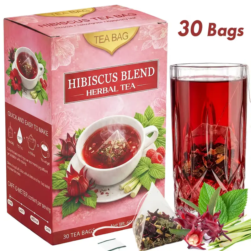 Roselle Hibiscus Herbal Tea Bags, 30 Count, Floral Tea Blend with Lemongrass & Raspberry Leaf, Caffeine-Free Tea Bags, No Added Sugar, Vegan Friendly, Great for Hot or Iced Tea