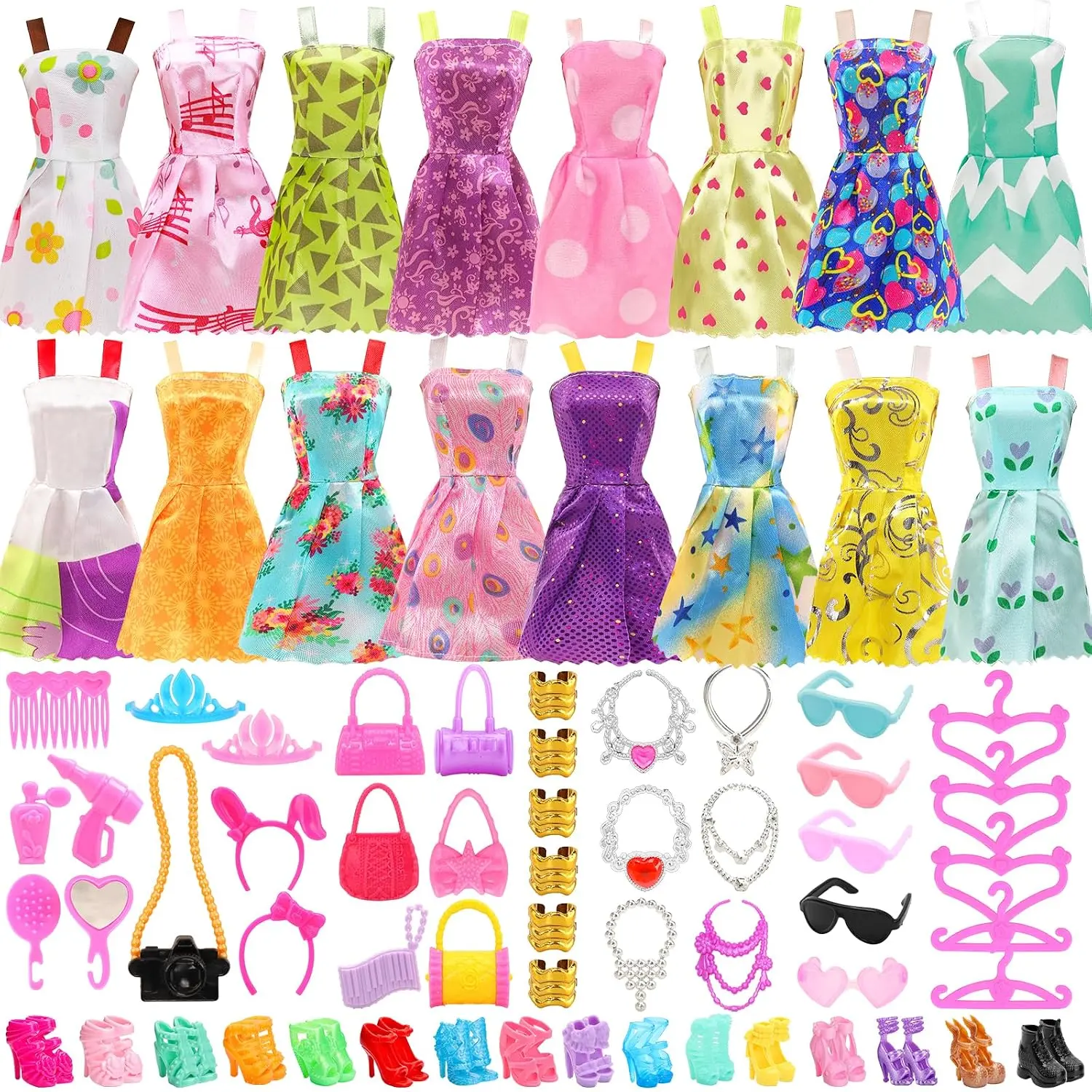 53PCS Doll Clothes and Accessories Set for 11.5 Inch Dolls – 10 Party Dresses, 42 Shoes, Crown, Necklace, Hangers & Bags (No Doll Included)