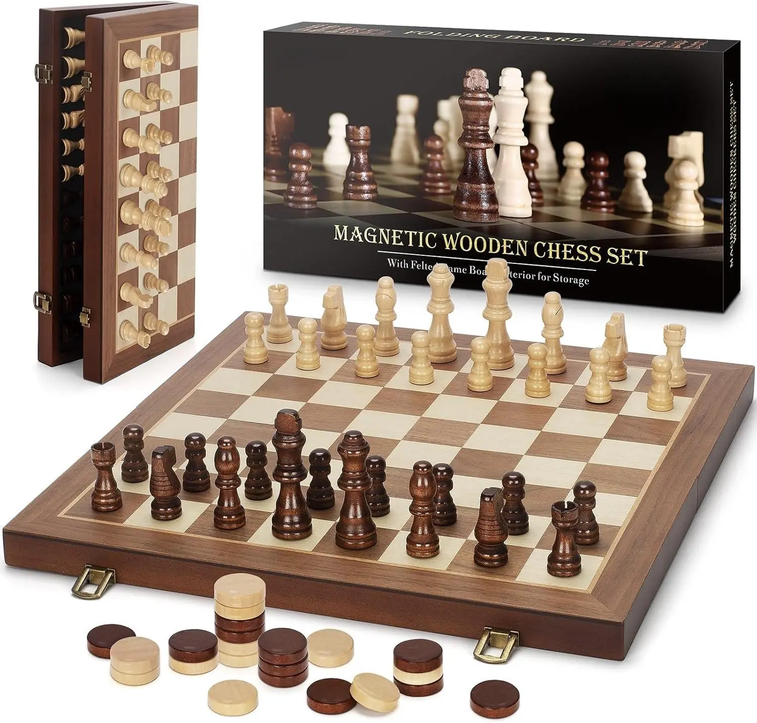10'' Magnetic Folding Wooden Chess & Checkers Set - Extra Queens - Folding Chessboard Portable Travel Tournament Chess Board Games for Adults and Kids