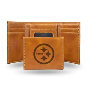 Rico  NFL Pittsburgh Steelers Brown Faux Leather Laser Engraved Trifold Wallet with Black Logo