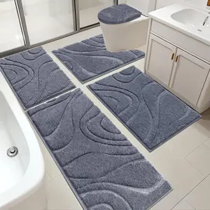 HEBE Rugs Sets 5 Piece, Soft Absorbent Microfiber Bath Mat for, Non Slip Washable Bath Rug Set with Cover, Bath Runner and U-Rug, Dark Grey
