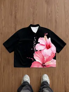 Men's Short Sleeve Shirt with Lotus Print, Button Front Collar Design, Regular Fit Summer Style Casual Wear