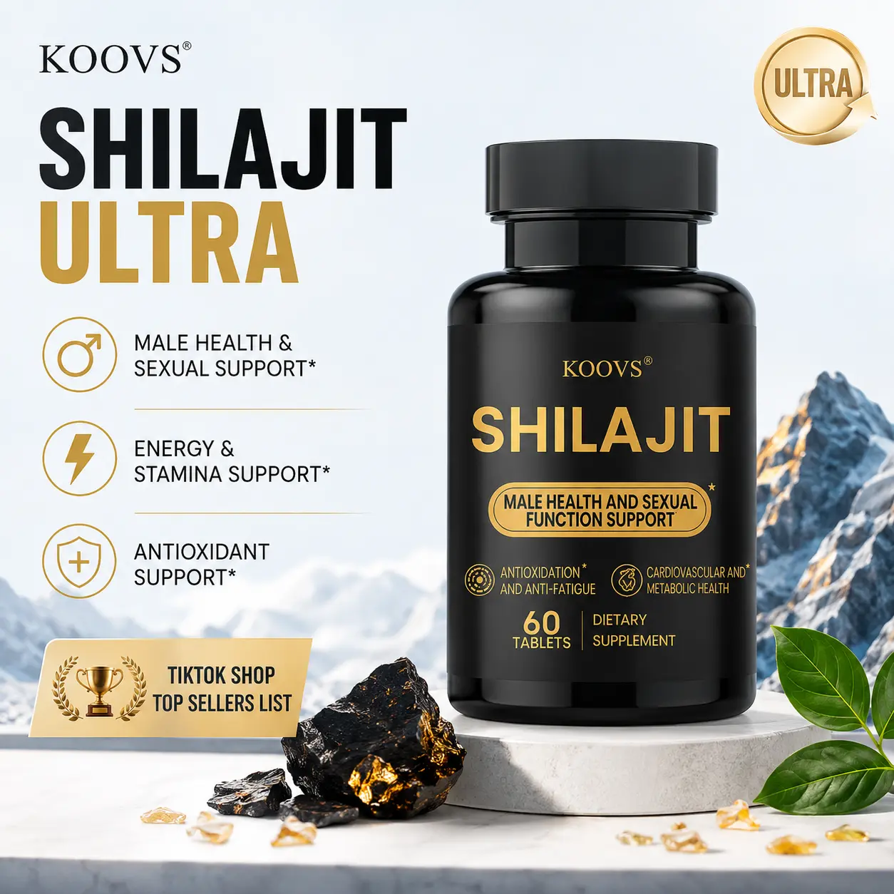KOOVS Shilajit Energy Support Tablets – Himalayan Shilajit with Ashwagandha & Ginseng | Adaptogen Mineral Complex for Daily Wellness | 60 Count