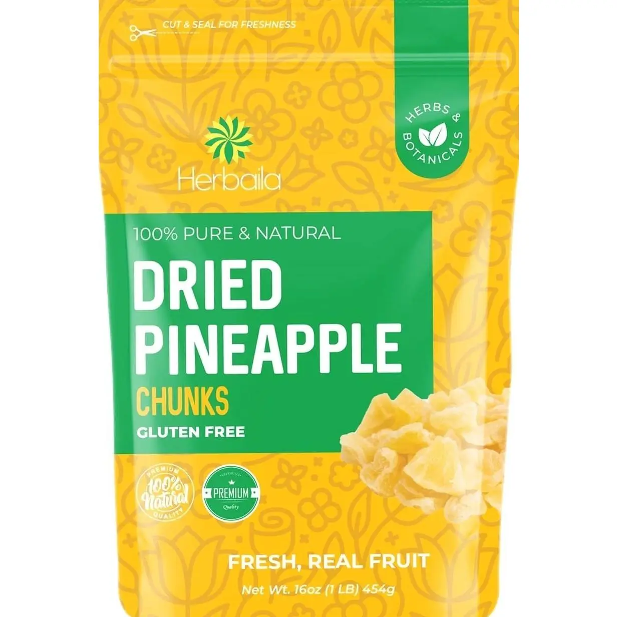 Herbaila Dried Pineapple Chunks, 1 Pound. Dehydrated Pineapple Chunk, Dehydrated Pineapple Bulk, Dried Pineapple Bits. All Natural, Non-GMO, Lightly Sweetened Dried Pineapples, 16 oz.