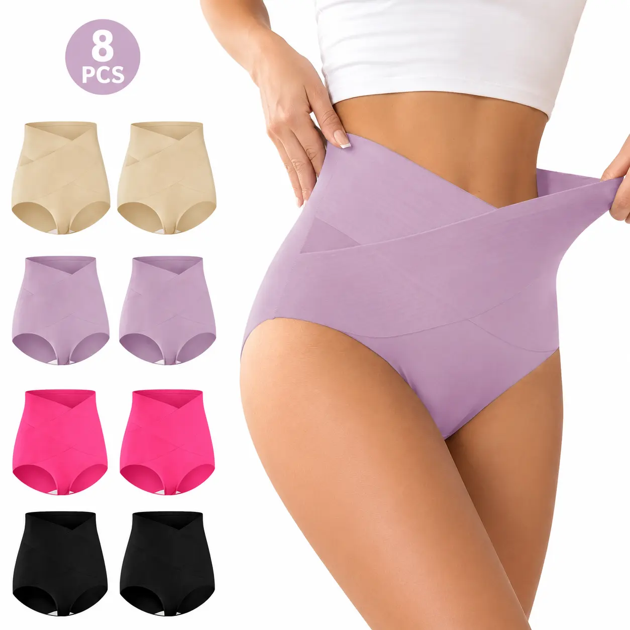 Women's 4/8-Pack High-Waisted Briefs - Soft Breathable Nylon Spandex Blend Underwear, Stretchy Cross Band, Full Coverage, 4pcs Multicolor, All Seasons, Minimalist Plain Design, Sexy Look, Everyday Comfort Fit