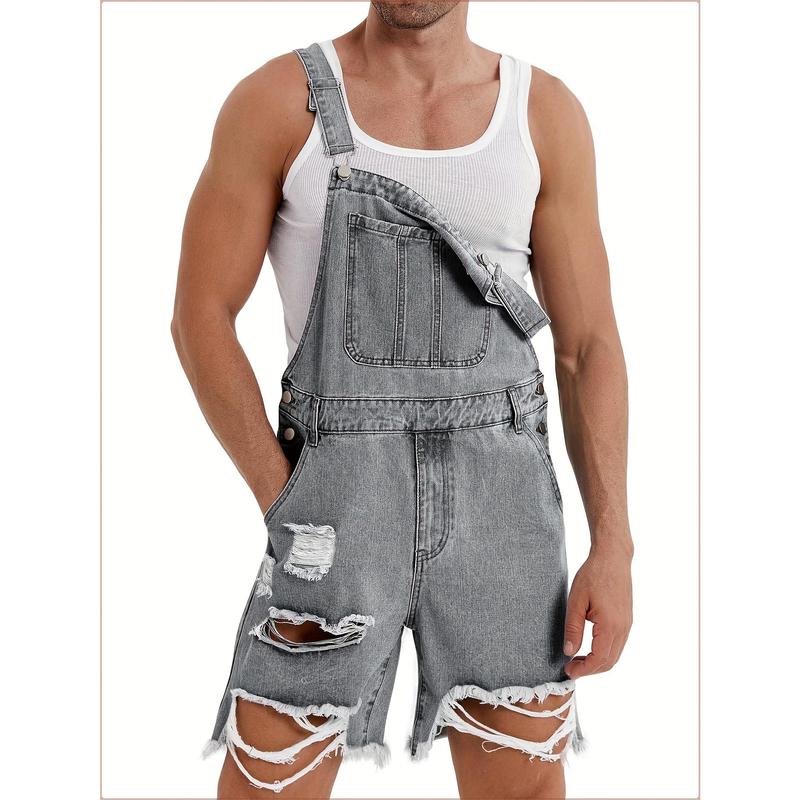 Runcati Men's denim shorts bib overall jean romper, offering a casual loose fit with buttoned pockets, perfect for summer wear as a comfortable and stylish jumpsuit.