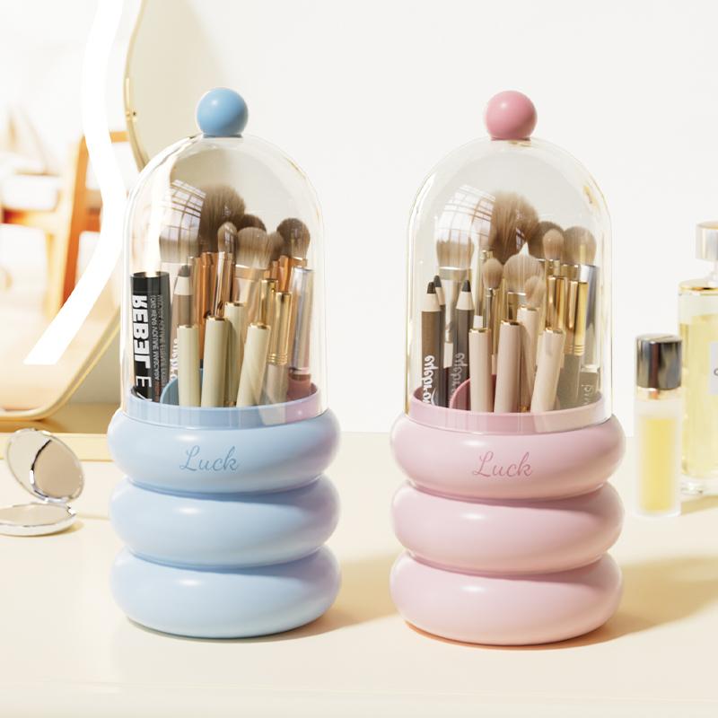 360° Rotating Makeup Organizer with Clear Dustproof Lid – Rabbit Ear Design, Multi-Layer Storage for Brushes, Lipsticks, and Skincare, Polished Finish, Countertop Vanity Organizer