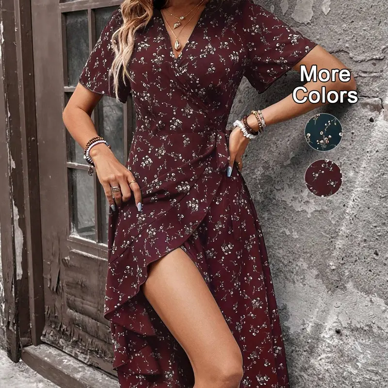Women's Ditsy Floral Pattern Wrap Dress with Side-Tie Design, Boho Style Fitted Short Sleeve Woven Dress, Boho Midi Dress