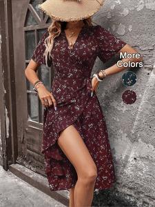 women's ditsy floral print tie side wrap v neck a line dress, boho fashion butterfly sleeve midi dress for daily holiday vacation wear, bohemian ladies dress for summer