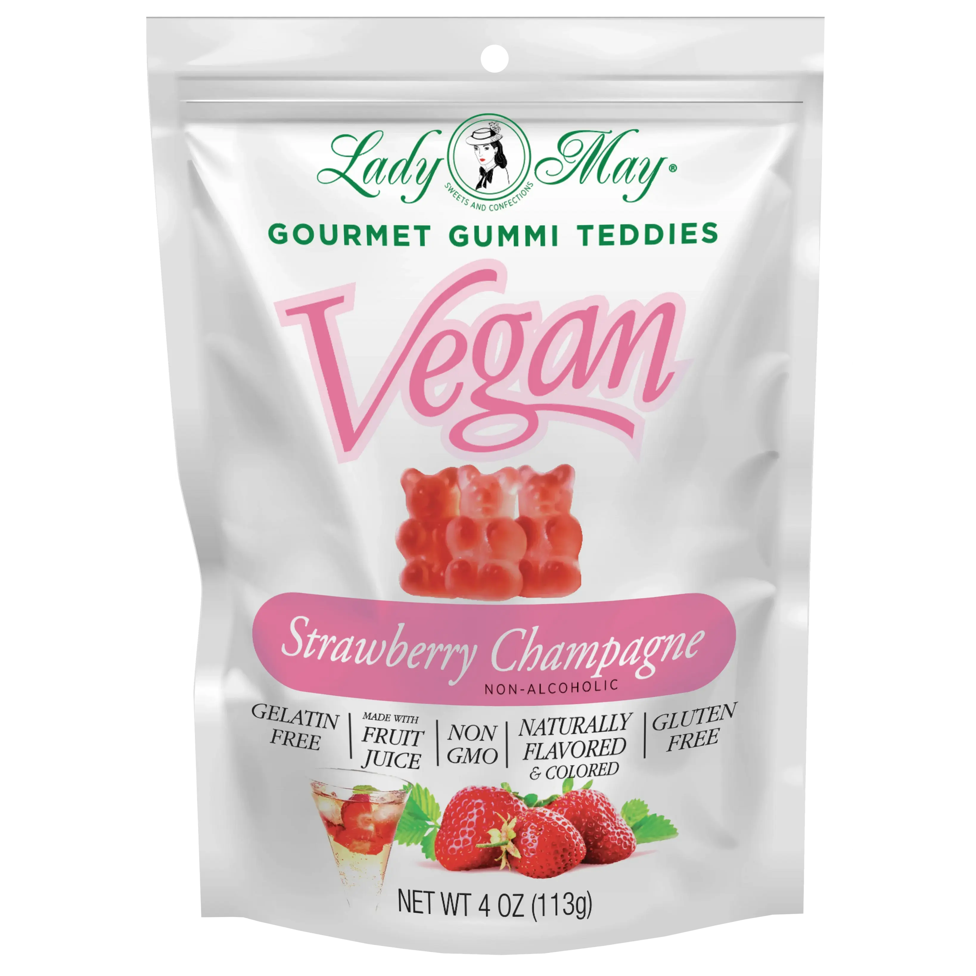 Lady May Sweets Vegan Gourmet Strawberry Champagne Gummi Teddies Lady May Sweets Vegan Gourmet Strawberry Champagne Gummi Teddies