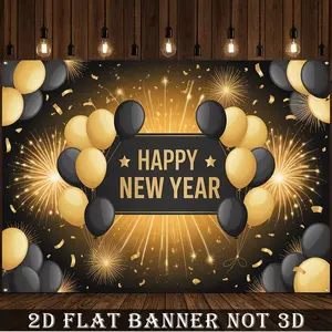 2D Flat Banner,1pc 2026 New Year's Eve Numbered 2026 Balloon Style Banner Wallpaper like Background Cloth Golden Black Large Polyester Fabric for 2026 Party Decoration