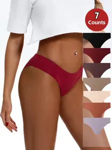 Women's Seamless Crotch Design Low Waist Thong Panties, Comfortable Tight-Fitting Casual Underwear, Suitable for All Seasons, Pack of 7
