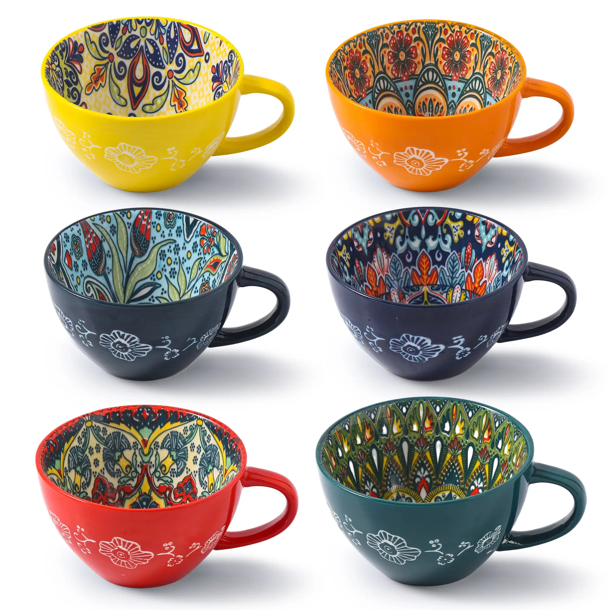 Ceramic Coffee Mug set, 6 Piece Boho Style Yogurt Cup, Drinkware for Home Office use, Dishwasher & Microwave Safe, Gift Set summerwins