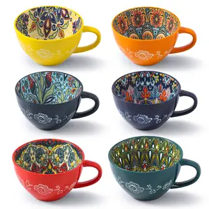 Ceramic Coffee Mug set, 6 Piece Boho Style Yogurt Cup, Drinkware for Home Office use, Dishwasher & Microwave Safe, Gift Set summerwins