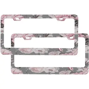 Car Licenses Plate Holders Flowers Pink Leaf Butterfly Rose Art Branch Blossom Free Universal Automotive Aluminum License Plate Frame (2 Pieces)