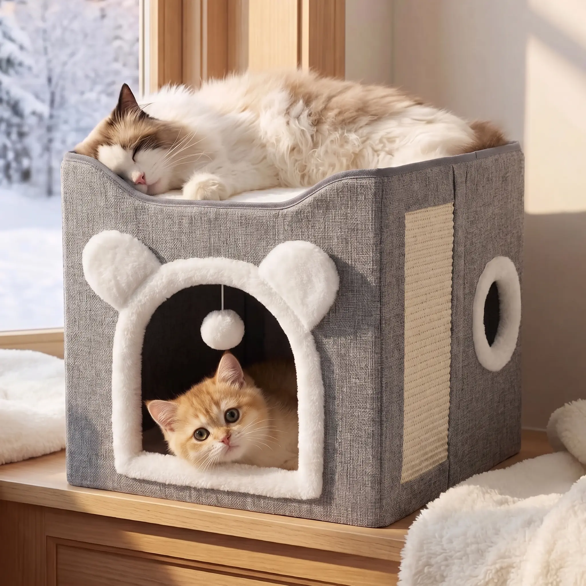 Sohochic 3-in-1 Cat House Bed - Indoor Large Foldable Cat Cave Night Stand, Fluffy Ball, Scratch Pad, Cozy Hideaway Cube for Kittens/Multiple Pets (Up to 30 lbs, 16.14" x 16.14" x 13", Hand Wash Only)