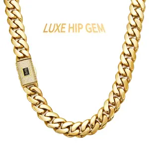 Luxe Hip Gem 2026 New Style 14mm Wide Gold Plated Stainless Steel Cuban Link Chain Necklace for Men, Gold Color Hip Hop Miami Cuban Chain with Box ClaspBest valentines gift.Best valentines gifts
