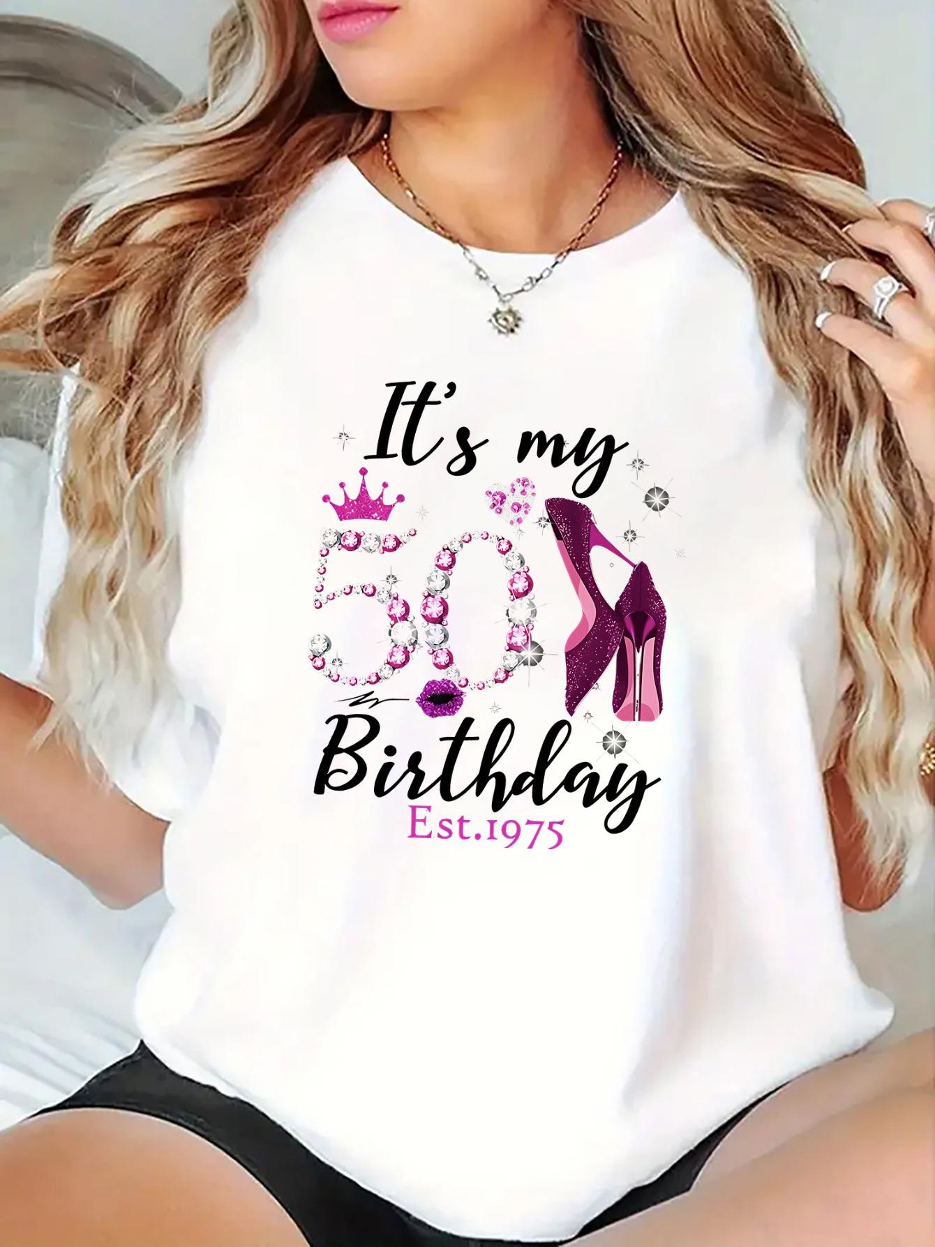 Women's 50th Birthday T-Shirt - Sparkly Rhinestone-Style Number 50 & "It's My Birthday" Print with Name/Year Personalization Option - Round Neck Short Sleeve Party Outfit for Milestone Celebrations (Black, Machine Washable)