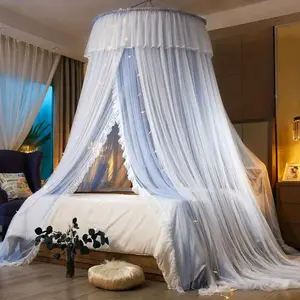 Princess Bed Canopy for Girls Adults Elegant DoubleLayer Bed Curtain 's Dream Round Lace Mosquito Net Princess Canopy Net Fits Twin Full Queen and King Beds Light Gray
