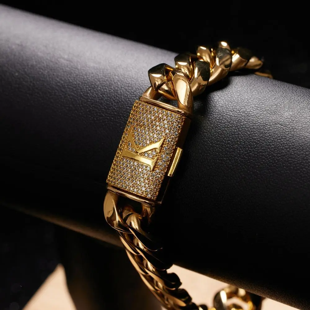 Capital Letter A-Z Letter Curb Link Miami Bracelet Initial Gold Plated Stainless Steel Accessories Hip Hop Diamond Cuban Chain CZ Detail Men's Alphabet Men's  Jewelry Name